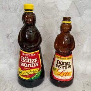 2 Vintage Mrs. Butterworth’s Syrup Jars Original 32 & 24 oz Size One Cap/Lid